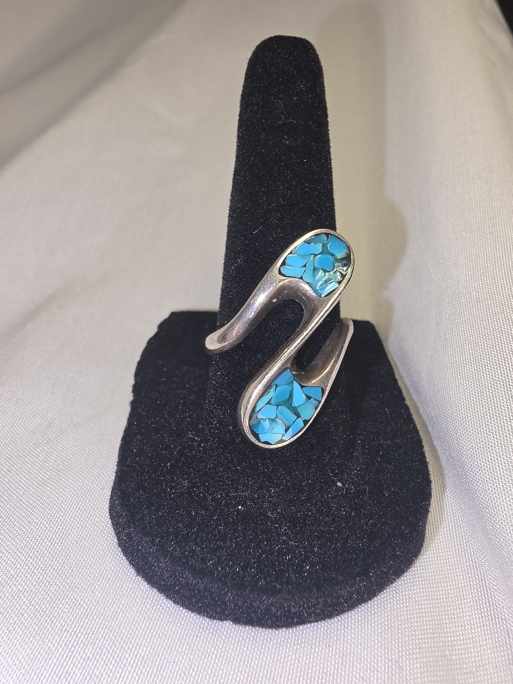 Vintage, Signed, Turquoise Inlay Sterling Silver Wave Ring - Blue SZ 6.75